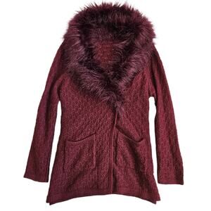 Y2k Euro Cardigan Sweater Burgundy Faux Fur Longline Women's Medium